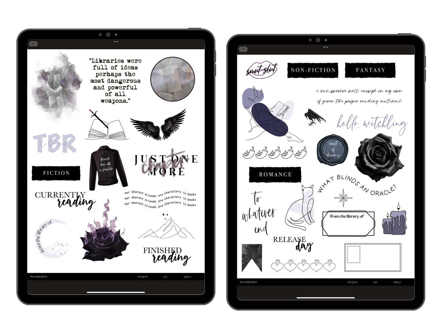 Book Lover Digital Journaling and Planning Stickers (Goodnotes, PNGs)