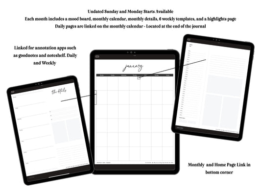 Documented Diary | Digital Journal and Prompt Book | Undated | Monday and Sunday Start