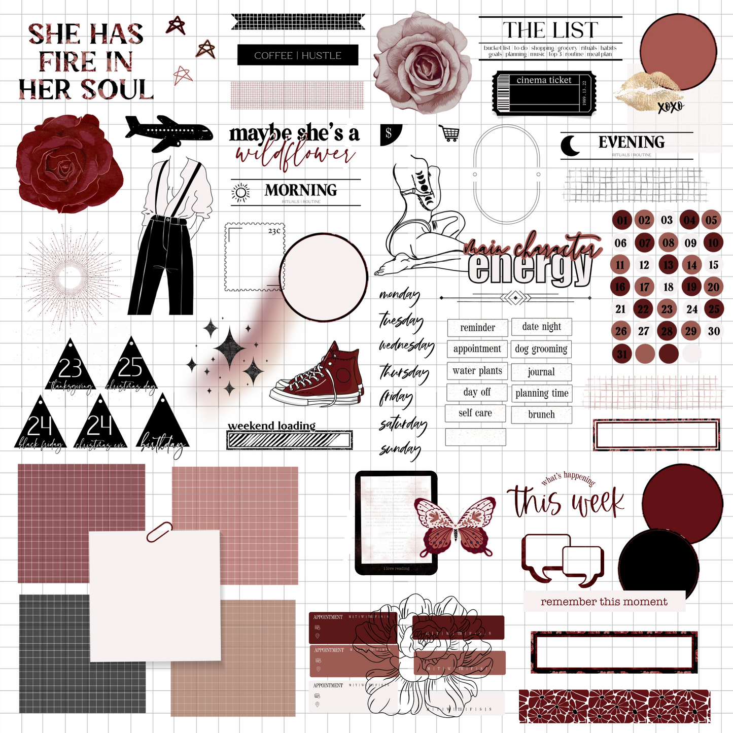 Main Character Energy Digital Journaling and Planning Stickers (Goodnotes, PNGs)