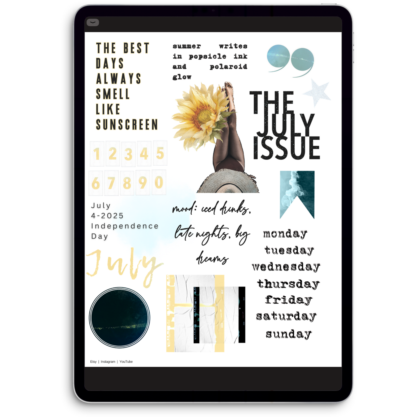 July Journal Stickers Digital Journaling and Planning Stickers (Goodnotes, Noteful, PNGs)