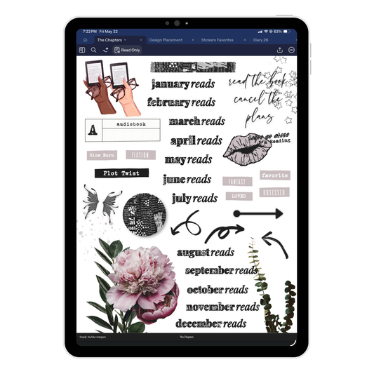 The Chapters Digital Book Journaling Stickers (Goodnotes, PNG, Noteful)