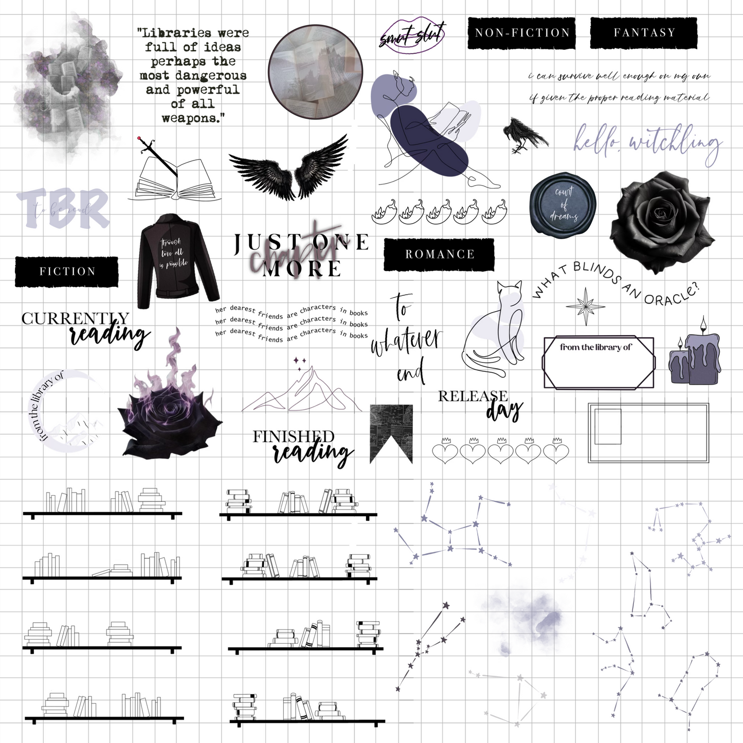 Book Lover Digital Journaling and Planning Stickers (Goodnotes, PNGs)