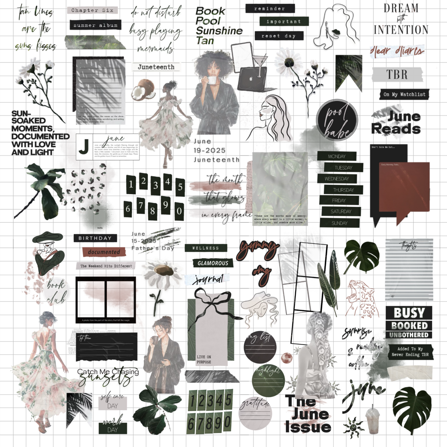 June Digital Journaling and Planning Stickers (Goodnotes, Noteful, PNGs)