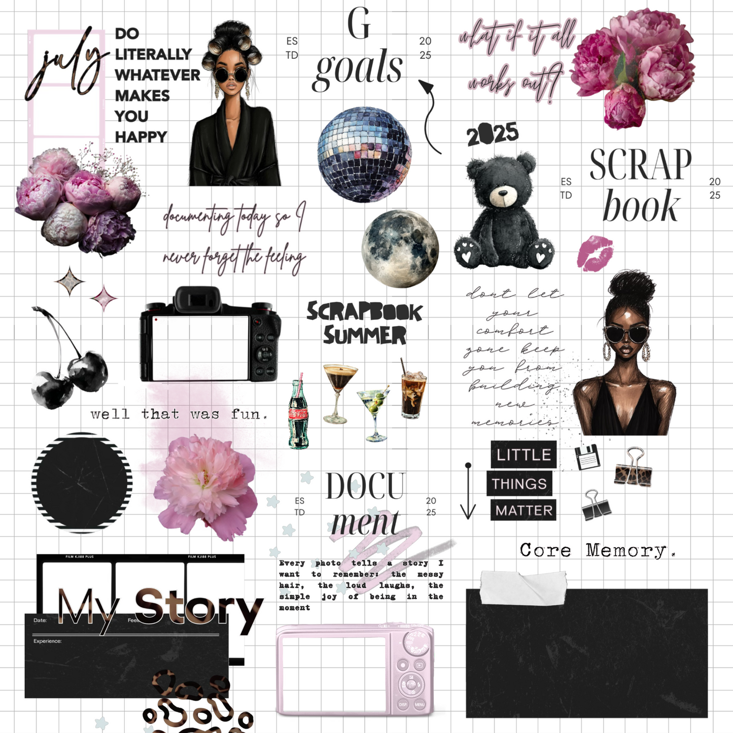 Scrapbook Summer Digital Journaling and Planning Stickers (Goodnotes, Noteful, PNGs)
