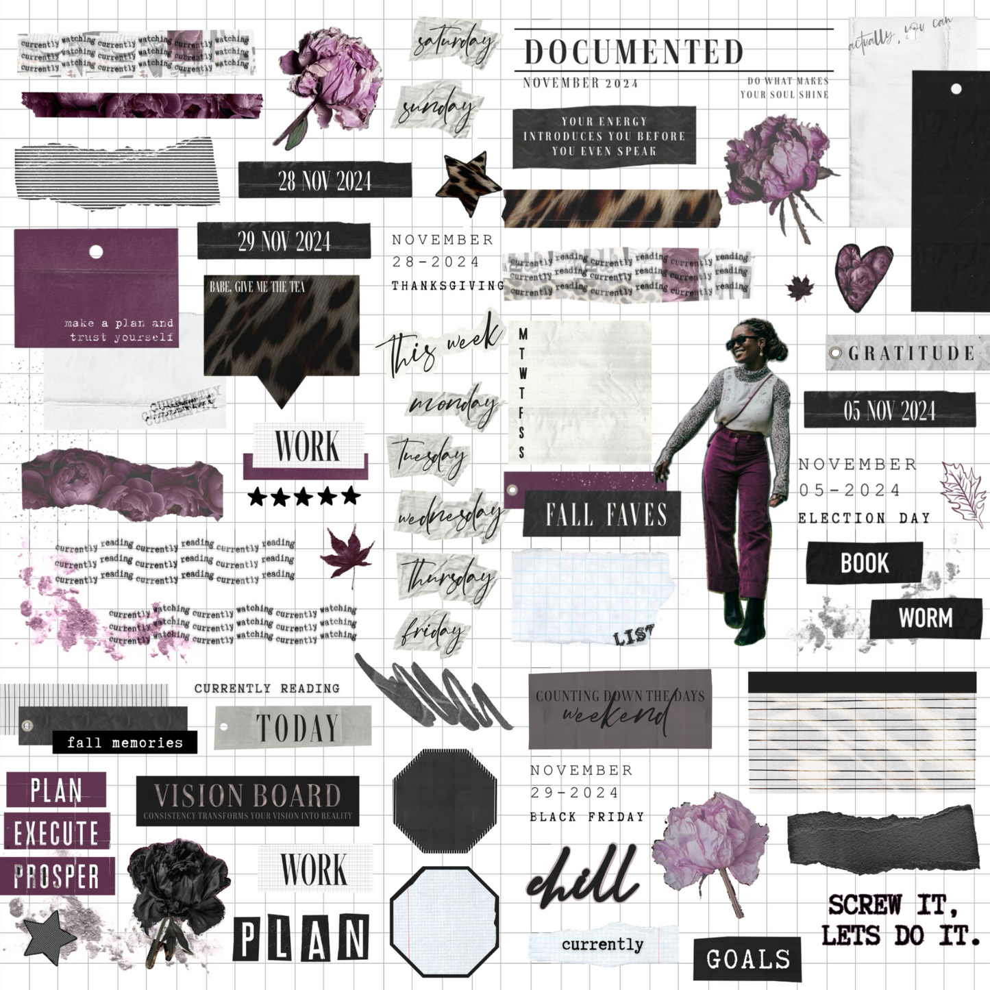 November Collage Digital Journaling and Planning Stickers (Goodnotes, PNGs)