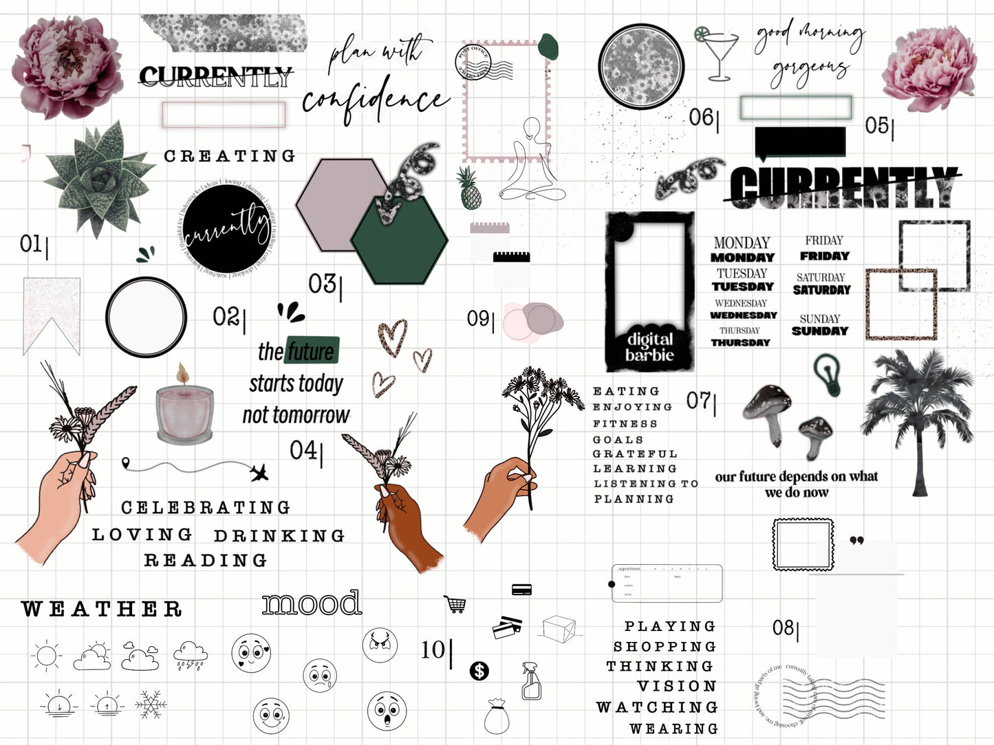 Currently Collection Digital Journaling and Planning Stickers (Goodnotes, PNGs)