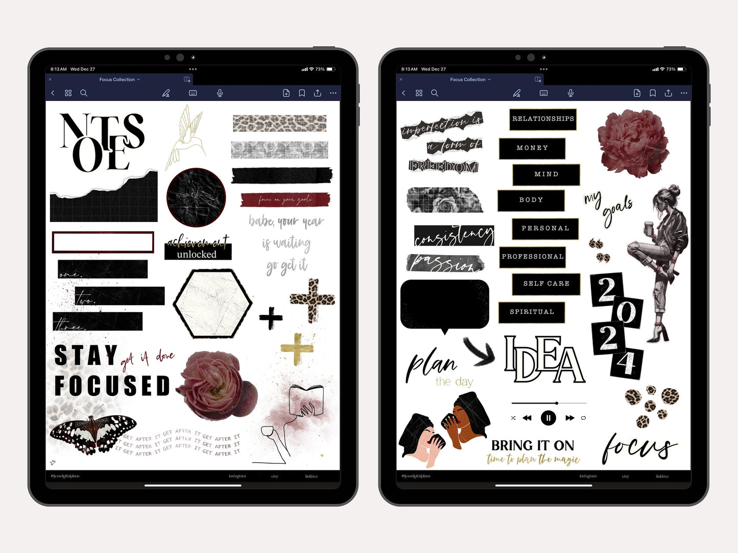 Focused Collection Digital Journaling and Planning Stickers (Goodnotes, PNGs)
