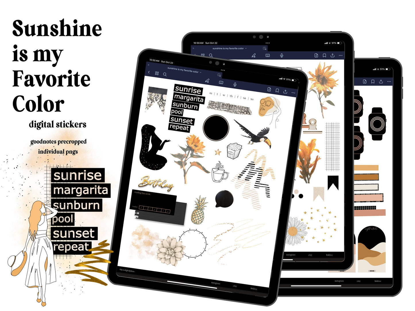 Sunshine is My Favorite Color Digital Journaling and Planning Stickers (Goodnotes, PNGs)